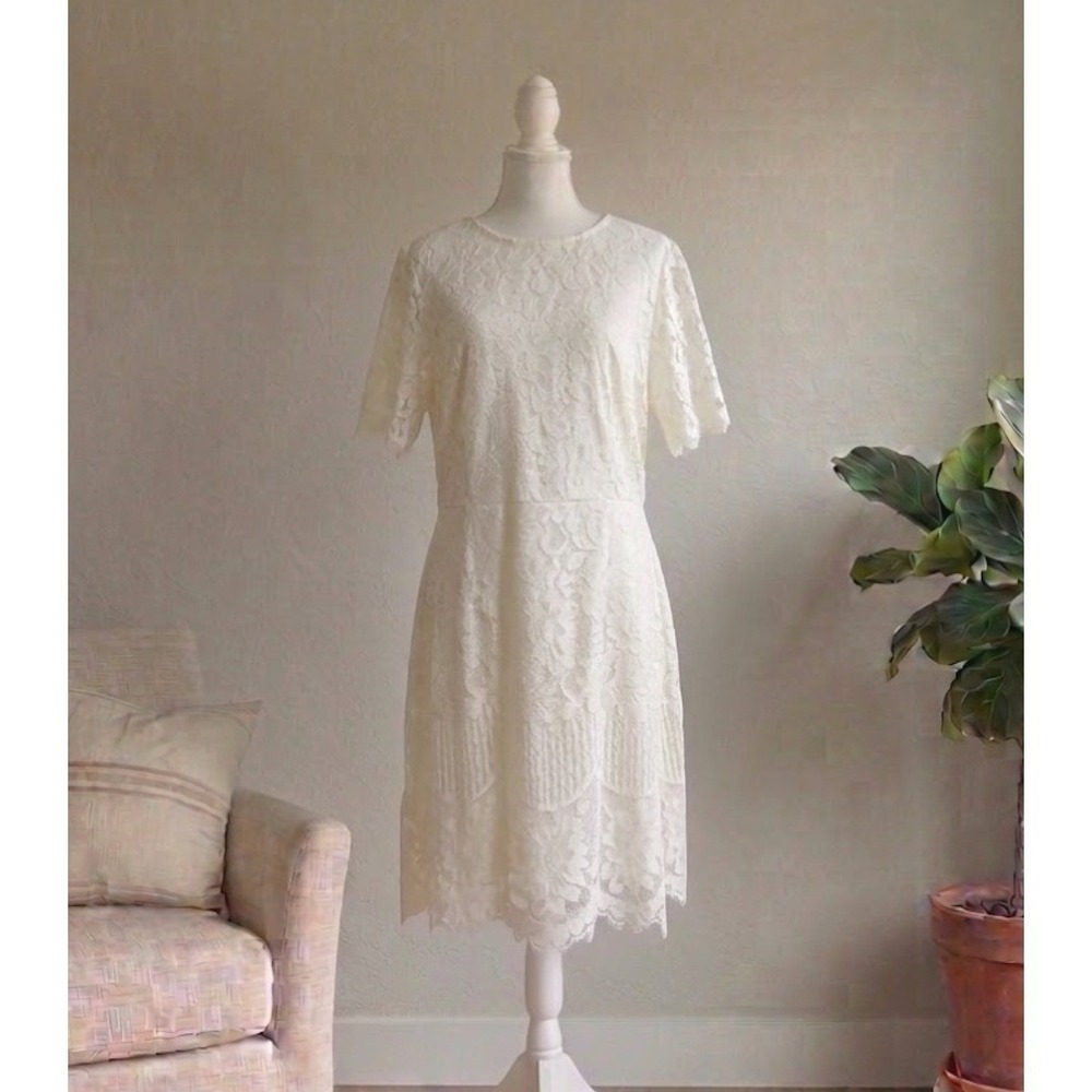 MSLG Floral Lace Midi Dress White Short Sleeve Scalloped Hem New Graduation Tea